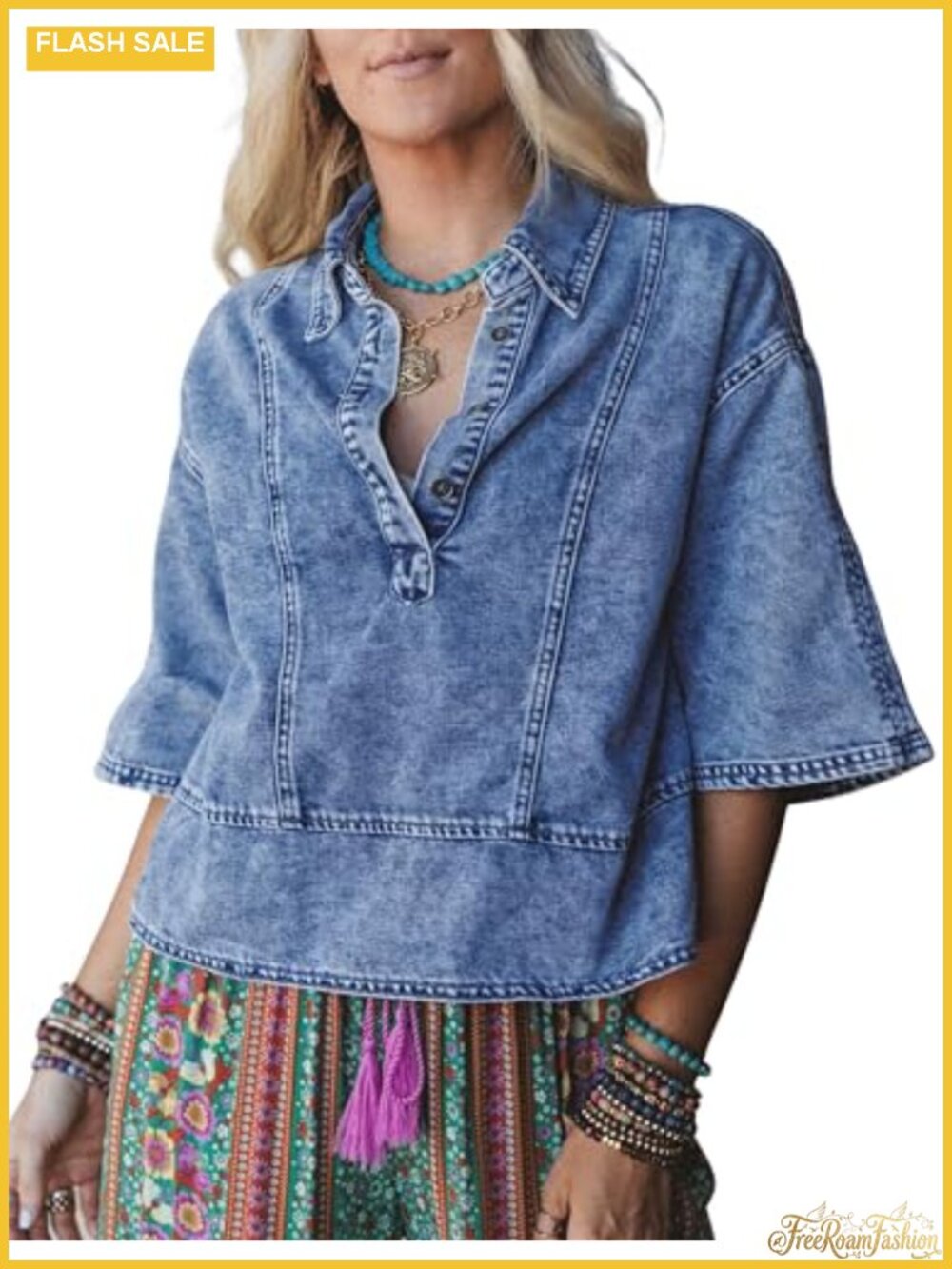 Women's Cropped Denim Jacket 3/4 Sleeve Casual Button Down